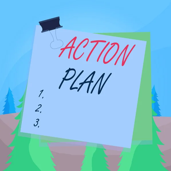 Texto de escritura de palabras Plan de acción. Concepto de negocio para un plan detallado que describe las acciones necesarias para alcanzar los objetivos o la visión. . —  Fotos de Stock
