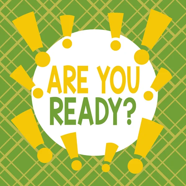 Text sign showing Are You Ready Question. Conceptual photo used telling someone start something when feel prepared Asymmetrical uneven shaped format pattern object outline multicolour design.