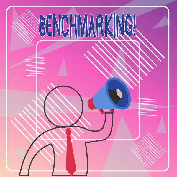Kézírás szöveg Benchmarking. Koncepció jelentése kiértékelni valamit összehasonlítva szabványos vagy pontszámok körvonalazott szimbólum Man hangszóró Making Közleményt Giving Instructions. — Stock Fotó