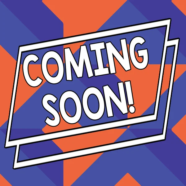 Word writing text Coming Soon. Business concept for event or action that will happen after really short time Abstract Modern Design Diagonal Structure in Blue and Orange with Perspective. — Stock Photo, Image