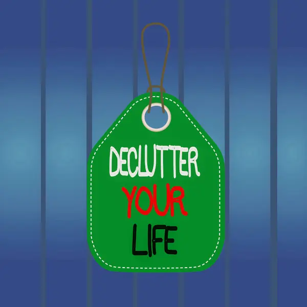 A Declutter Your Life-ot bemutató levél. Üzleti fotó kirakat Hogy megszüntesse az idegen dolgokat vagy információkat az életben Üres címke színes háttér címke téglalap csatolja string. — Stock Fotó