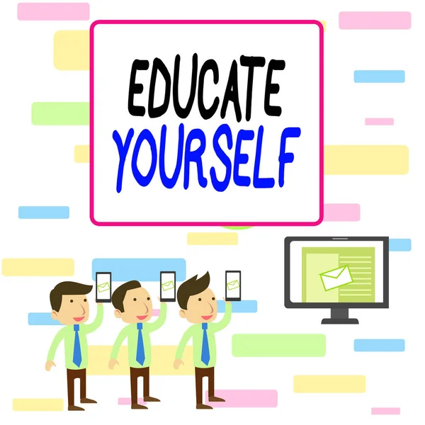 Writing note showing Educate Yourself. Business photo showcasing prepare oneself or someone in a particular area or subject SMS Email Marketing Media Audience Attraction PC Loudspeaker.