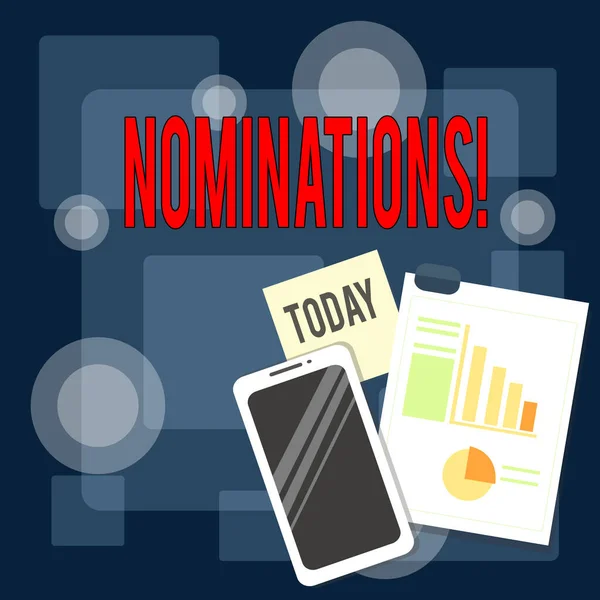 Schrijfbriefje met nominaties. Zakelijke foto showcasing actie van nomineren of staat wordt genomineerd voor prijs Layout Smartphone Sticky Notes met Taartdiagram en Bar Graph. — Stockfoto