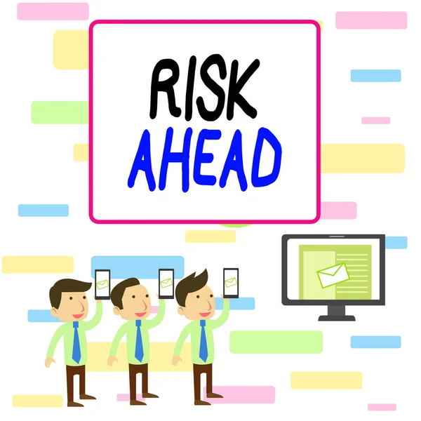 Writing note showing Risk Ahead. Business photo showcasing A probability or threat of damage, injury, liability, loss SMS Email Marketing Media Audience Attraction PC Loudspeaker. — Stock Photo, Image