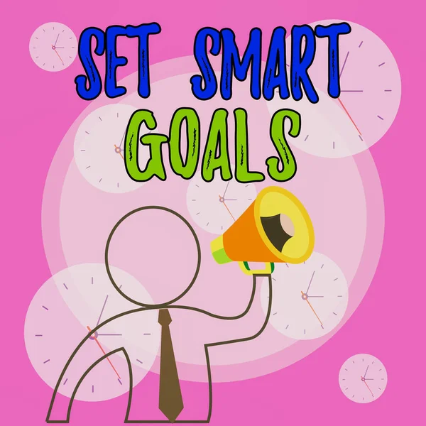 Escritura a mano conceptual que muestra Set Smart Goals. Foto de negocios mostrando criterios para guiar en el establecimiento de objetivos Esquema Símbolo Hombre Altavoz Anunciando Instrucciones . —  Fotos de Stock