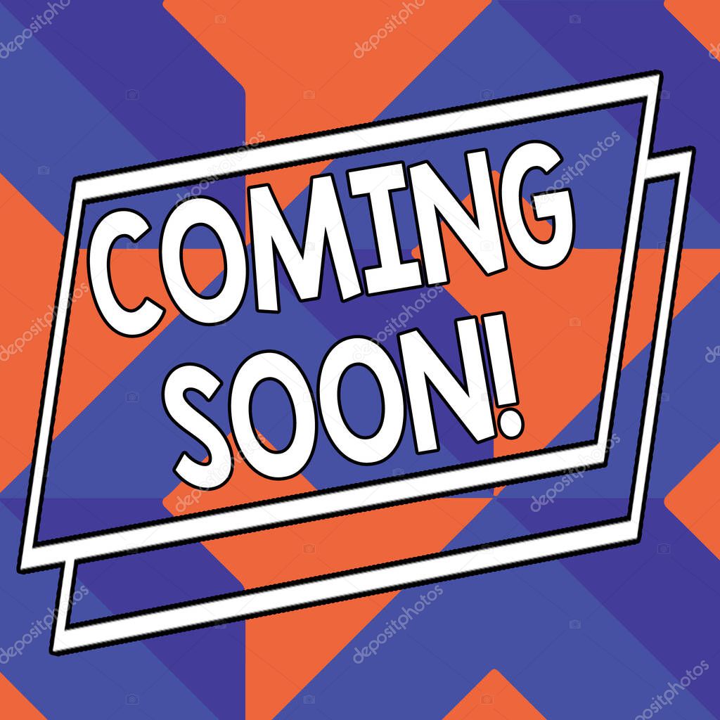 Word writing text Coming Soon. Business concept for event or action that will happen after really short time Abstract Modern Design Diagonal Structure in Blue and Orange with Perspective.