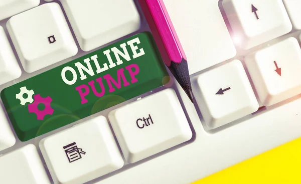 Fogalmi kézi írás mutatja online Pump. Teendő fénykép bemutató berendezés melyik mozdulatok folyadék-ból leenged szint-hoz magasabb egy fehér PC billentyűzet-val jegyzék papír fenti a fehér háttér. — Stock Fotó