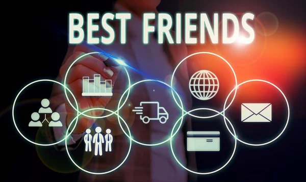 Handwriting text Best Friends. Concept meaning A demonstrating you value above other demonstratings Forever buddies Woman wear formal work suit presenting presentation using smart device. — Stock Photo, Image