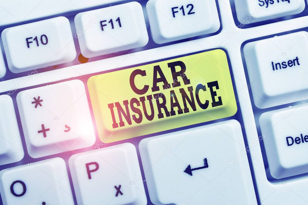 Conceptual hand writing showing Car Insurance. Business photo text Accidents coverage Comprehensive Policy Motor Vehicle Guaranty White pc keyboard with note paper above the white background.