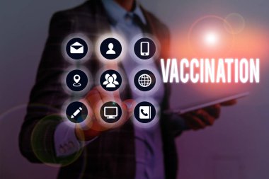 Aşılama gösteren not yazma. Enfeksiyona karşı vücut daha güçlü kılan Tedavi vitrine İş fotoğraf.