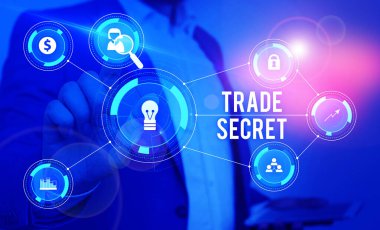 Kelime yazma metin Trade Secret. Bir ürün hakkında gizli bilgi için Iş konsepti Fikri mülkiyet Erkek insan giyim resmi iş elbisesi sunum sunum akıllı cihaz kullanarak.
