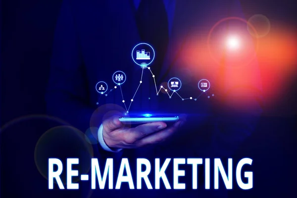 Text sign showing Re Marketing. Conceptual photo Strategy to reach potential customers in your website Male human wear formal work suit presenting presentation using smart device. — Stock Photo, Image
