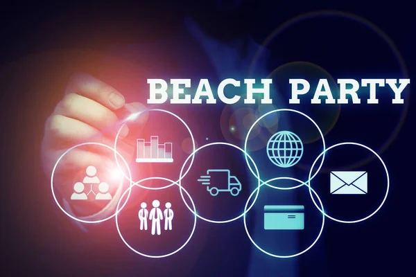Handwriting text writing Beach Party. Concept meaning small or big festival held on sea shores usually wearing bikini Male human wear formal work suit presenting presentation using smart device.