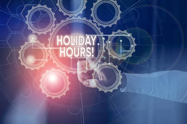 Handwriting text Holiday Hours. Concept meaning Overtime work on for employees under flexible work schedules Picture photo system network scheme modern technology smart device. — Stock Photo, Image