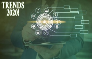 Metin işareti 2020 eğilimlerini gösteriyor. Bir şeyin geliştirildiği veya değiştirildiği kavramsal fotoğraf genel yönü Fotoğraf sistemi şeması modern teknoloji akıllı aygıtı.