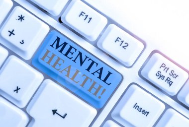 El yazısı metin Ruh Sağlığı. Kavram anlamı gösterenler durum onların psikolojik iyi beyaz arka plan tuşu kopya alanı üzerinde boş not kağıdı ile Beyaz pc klavye olmak ile ilgili.