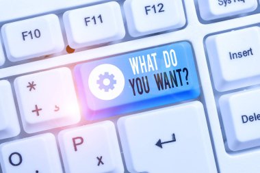 Ne İstiyorsanız Sorusu gösteren metin işareti. Kavramsal fotoğraf söylemek veya beyaz arka plan tuşu kopyalama alanı üzerinde boş not kağıdı ile beyaz pc klavye bir şey hakkında gösteren sormak için yazmak.