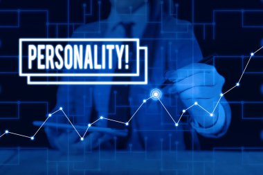 Kişiliği gösteren bir mesaj. Bireysel karakter karakterini oluşturan kavramsal fotoğraf kombinasyonu özellikleri. Kadın, en son akıllı aygıt kullanılarak resmi iş elbisesi sunumu giyer..