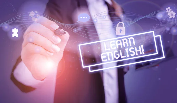 Text sign showing Learn English. Conceptual photo gain acquire knowledge in new language by study Picture photo system network scheme modern technology smart device. — 스톡 사진