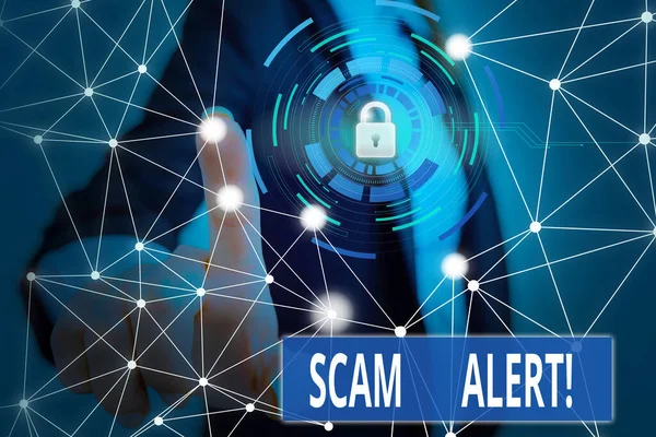 Writing note showing Scam Alert. Business photo showcasing fraudulently obtain money from victim by persuading him Picture photo network scheme with modern smart device. — Stock Photo, Image