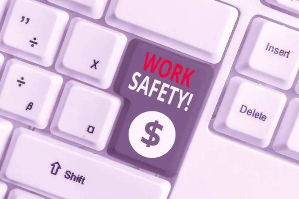 Writing note showing Work Safety. Business photo showcasing policies and procedures in place to ensure health of employees White pc keyboard with note paper above the white background.