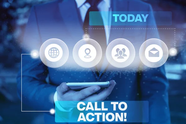 Konceptuell handstil som visar Call To Action. Business photo showcasing exhortation göra något för att uppnå mål med problem Bild fotonätverk system med modern smart enhet. — Stockfoto