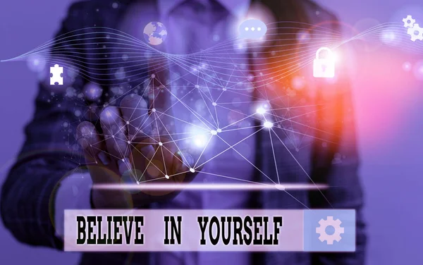 Word writing text believe in yourself. Geschäftskonzept für gemeinsame Stück Rat, dass Sie alles Bild Foto-System Netzwerk-Schema moderne Technologie intelligentes Gerät tun können. — Stockfoto