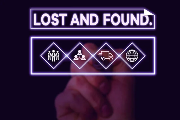 Segno di testo che mostra Lost And Found. Foto concettuale un luogo in cui gli oggetti smarriti vengono memorizzati fino a quando non hanno recuperato Foto sistema schema di rete tecnologia moderna dispositivo intelligente . — Foto Stock