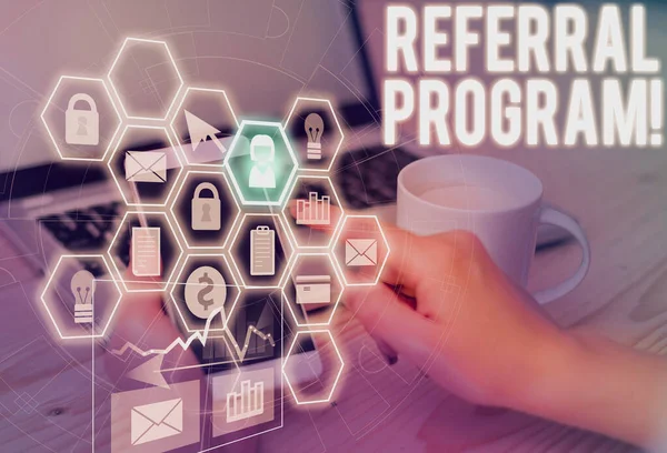 Text sign showing Referral Program. Conceptual photo internal recruitment method employed by organizations Picture photo system network scheme modern technology smart device.