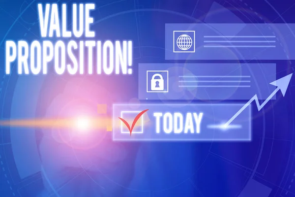 Writing note showing Value Proposition. Business photo showcasing feature intended to make a company or product attractive Picture photo network scheme with modern smart device.