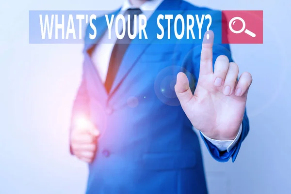 Εννοιολογική γραφή με το χέρι που δείχνει τι είναι η ερώτηση της ιστορίας σας. Business photo text ζητώντας να καταδείξει την καριέρα του ή τα γεγονότα της προηγούμενης ζωής του Επιχειρηματίας με το δάχτυλο μπροστά του. — Φωτογραφία Αρχείου