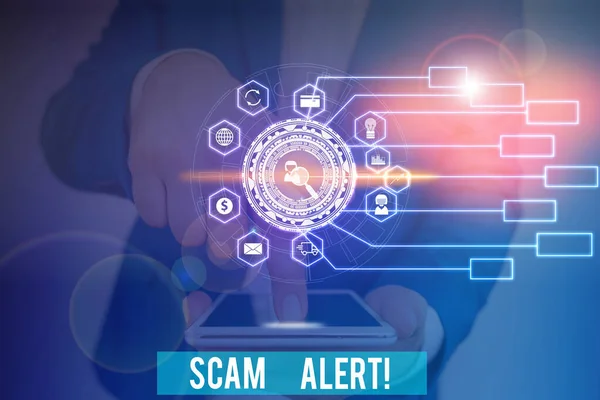 Texte d'écriture de mots Scam Alert. Concept d'entreprise pour obtenir frauduleusement de l'argent de la victime en le persuadant Image système photo schéma de réseau technologie moderne dispositif intelligent . — Photo