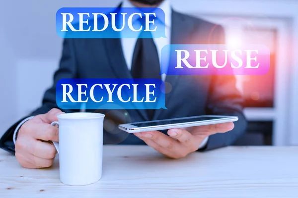 Writing note showing Reduce Reuse Recycle. Business photo showcasing environmentallyresponsible consumer behavior Male human wear formal clothes present use hitech smartphone. — Stock Photo, Image