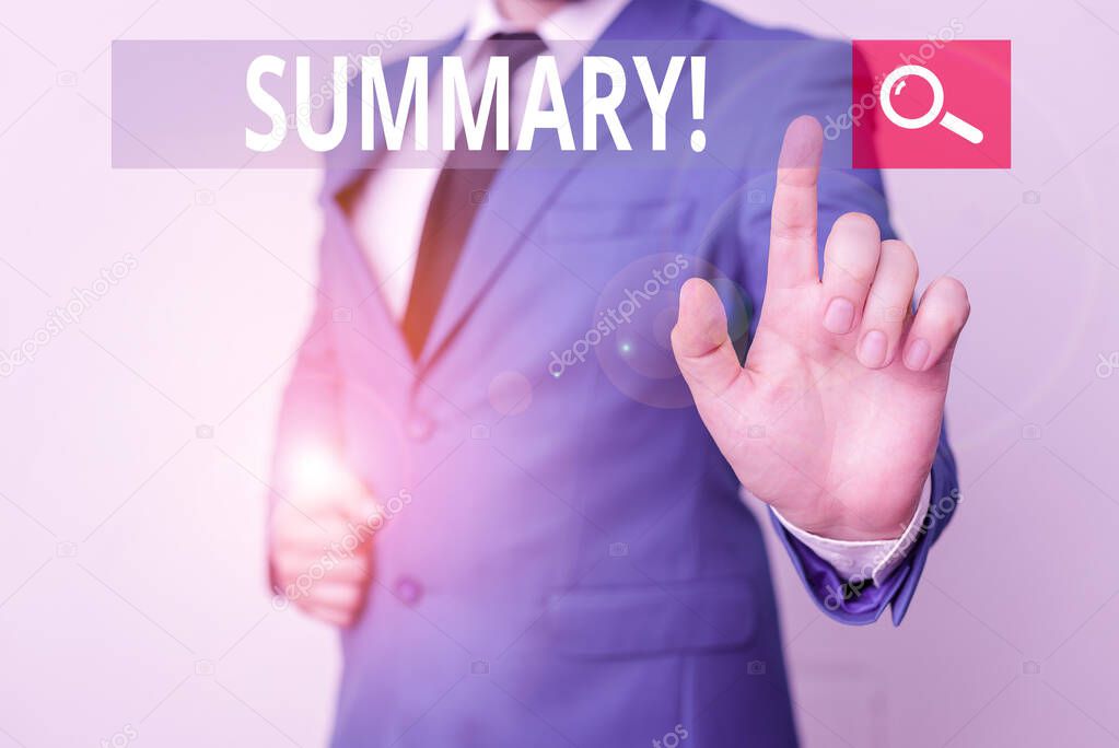 Conceptual hand writing showing Summary. Business photo text brief statement or account of main points of something subject Businessman with pointing finger in front of him.