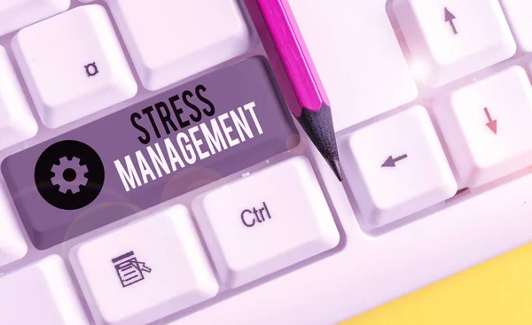 Text sign showing Stress Management. Conceptual photo method of limiting stress and its effects by learning ways White pc keyboard with empty note paper above white background key copy space.