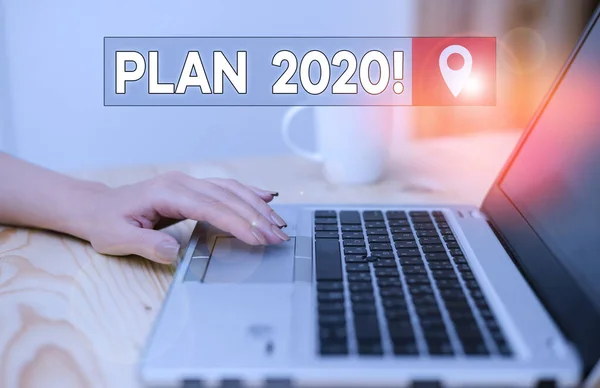 Conceptual hand writing showing Plan 2020. Business photo showcasing detailed proposal doing achieving something next year woman with laptop smartphone and office supplies technology. — 스톡 사진