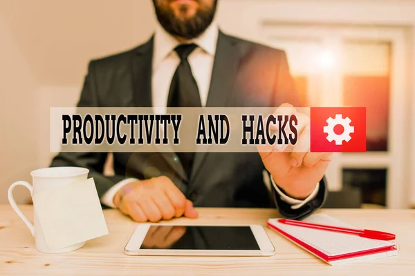Handwriting text Productivity Hacks. Concept meaning tricks that you get more done in the same amount of time Male human wear formal clothes present presentation use hi tech smartphone. — Stockfoto