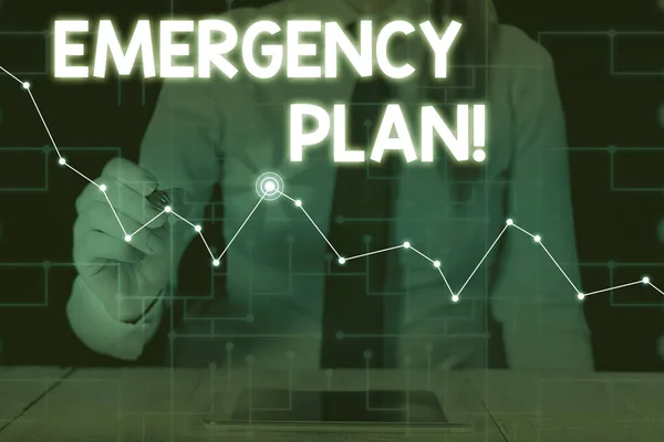 Conceptual hand writing showing Emergency Plan. Business photo showcasing actions developed to mitigate damage of potential events Woman wear formal work present using smart latest device. — Stock Photo, Image