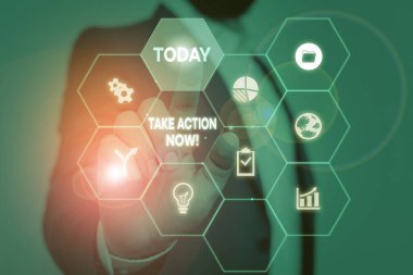 El yazısı: Take Action Now. Kavram demek, resmi ya da uyumlu bir şey yapmak demektir. Sorunlu bir hedefe ulaşmak için resim sistemi şeması modern teknoloji akıllı aygıtı.