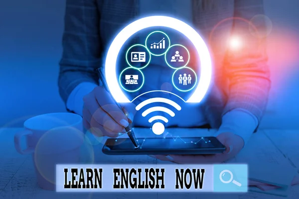 Text sign showing Learn English Now. Conceptual photo gain or acquire knowledge and skill of english language Picture photo system network scheme modern technology smart device.