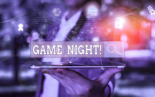 Segno di testo che mostra Game Night. Foto concettuale di solito la sua chiamata su date di gioco per adulti come il poker con gli amici Foto sistema schema di rete tecnologia moderna dispositivo intelligente . — Foto Stock