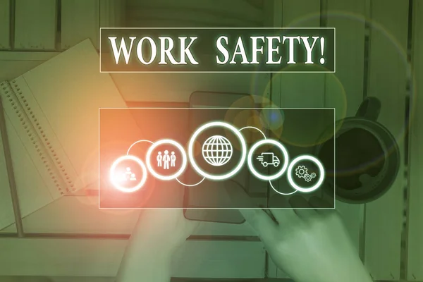 Notatka pisząca o bezpieczeństwie pracy. Polityka i procedury prezentowania zdjęć firmowych w celu zapewnienia zdrowia pracowników Sieć zdjęć obrazkowych z nowoczesnym inteligentnym urządzeniem. — Zdjęcie stockowe