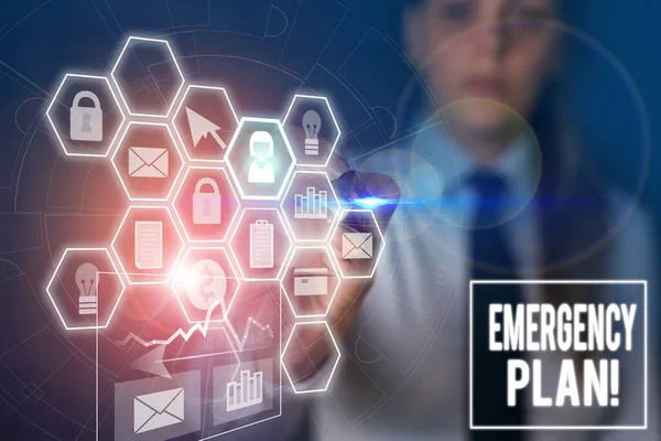 Text sign showing Emergency Plan. Conceptual photo actions developed to mitigate damage of potential events Woman wear formal work suit present presentation using smart latest device.