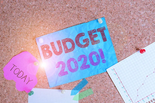 Konzeptionelle Handschrift, die den Haushalt 2020 zeigt. Geschäftsfoto, das die Schätzung der Einnahmen und Ausgaben für nächstes oder aktuelles Jahr zeigt. — Stockfoto