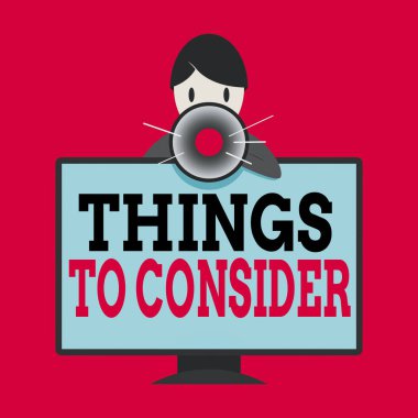 Düşünecek Şeyler 'i gösteren bir not yazıyorum. İş fotoğrafı gösterimi özellikle monte edilmiş PC Monitör Arkasında Adam Konuşma ve Megafon Tutma kararlarını dikkatlice düşünün.