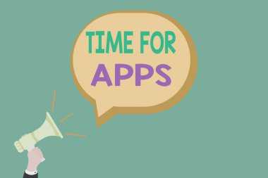 Uygulamalar için Zaman gösteren metin işareti. Kavramsal fotoğraf, Ses simgesi ve Boş Konuşma Kabarcığı ile Hu Analiz El Tutma Megafonu teknolojilerini kullanarak uygulama veya hizmetlerden yararlanın..