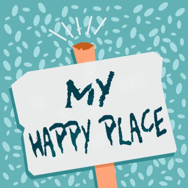 Mutlu Yer 'imi gösteren bir not yazıyorum. İş fotoğraflarında güzel bir şey oldu ya da hayattan memnun kaldılar Boş Eski Atık Sivri uçlu Geometrik Şekil Yarısı Duruşu.