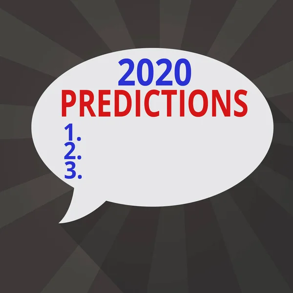 Écriture manuscrite rédaction de texte 2020 Prédictions. Concept signifiant déclaration sur ce que vous pensez qui se passera en 2020 Forme ovale blanche Bulle de parole en couleur unie et ombre Fond éclaté . — Photo