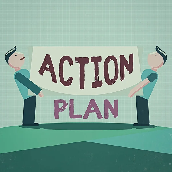 Writing note showing Action Plan. Business photo showcasing detailed plan outlining actions needed to reach goals or vision Two Men Standing Carrying Rectangular Blank Panel Board on Both Sides.