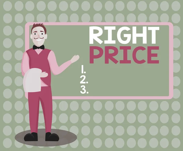 Pisanie odręcznego tekstu Right Price. Pojęcie to oznacza kwotę pieniędzy, które jest rozsądne dla produktu Mężczyzna kelner uśmiechnięty stojąc w jednolitej ręce prezentując puste menu pokładzie. — Zdjęcie stockowe